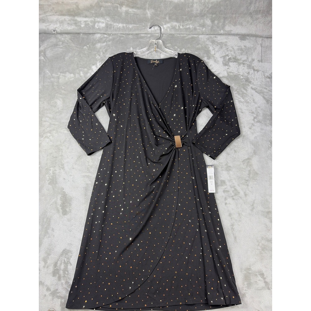 Emily Black Gold Polka Dot Faux Wrap Dress 12 NWT Metallic Buckle 50S171A